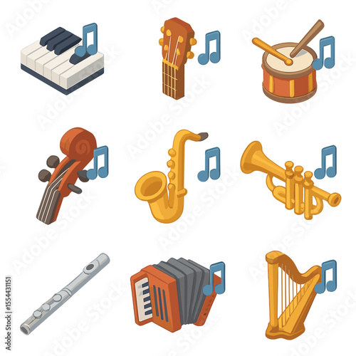 Musical Instruments Icons. Isometric Flat icon set of musical instruments with notes: piano keyboard with note, guitar fretboard