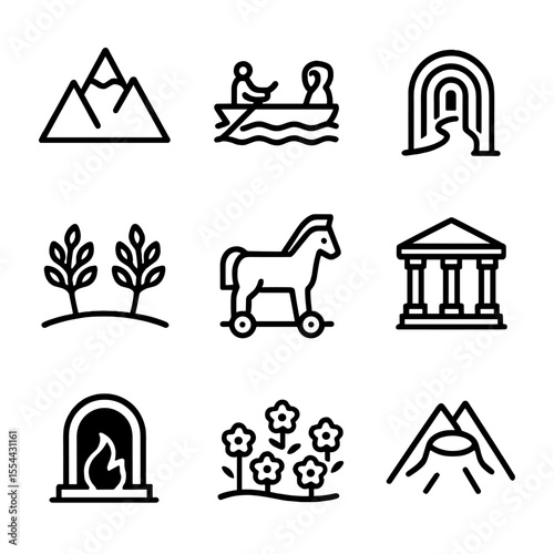 Mythical Landmarks Icon Set. Outline icon set of iconic mythological locations: mountain peak, river with ferryman, labyrinth