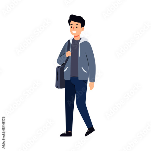 Smiling Young Man Walking in City Street, Casual Style, Vector Illustration
