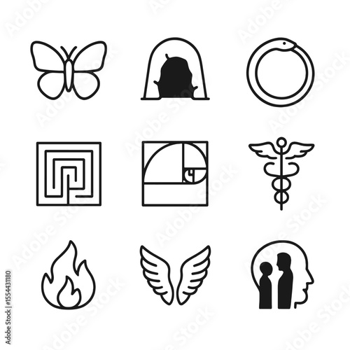 Mythical Symbols Icons. Outline icon set of myth in philosophy and psychology: butterfly (Psyche), cave entrance, Ouroboros