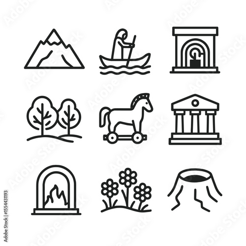 Mythical Landmarks Icon Set. Outline icon set of iconic mythological locations: mountain peak, river with ferryman, labyrinth
