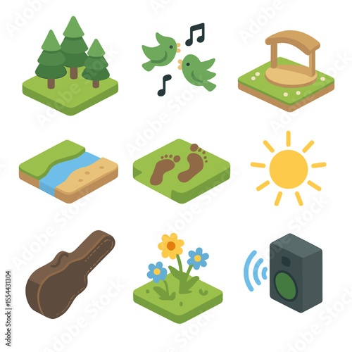 Nature Singing Icons. Isometric Flat icon set of singing in nature therapy: forest clearing, birdsong icon, open meadow stage,