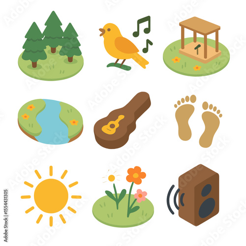Nature Singing Icons. Isometric Flat icon set of singing in nature therapy: forest clearing, birdsong icon, open meadow stage,