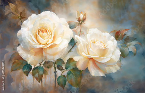 Illustration of white roses with golden leaves on a textured background in warm vintage tones	
