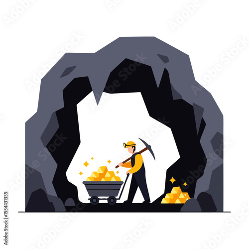 Gold Mine Worker Extracting Precious Metal from Deep Underground Cave