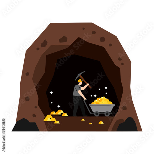 Miner Extracting Gold from Deep Underground Cave A Thrilling Industry Illustration