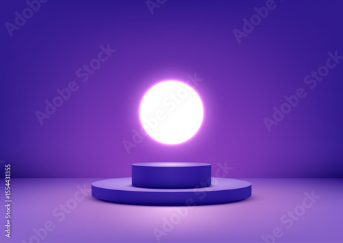 radiant white circle resembling a sun or moon glows against a vibrant purple background, illuminating 3D cylindrical pedestal, mystical and minimalist cosmic display