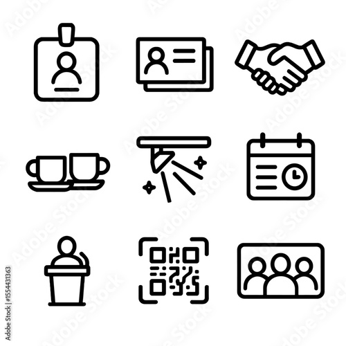 Networking Icons Collection. Outline icon set of Networking Events: name badge, business card stack, handshake silhouette, coffee