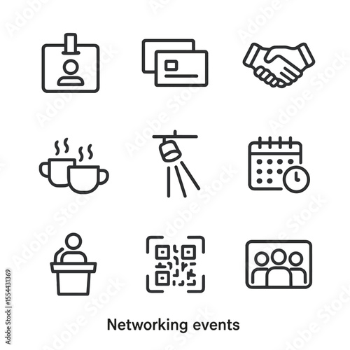 Networking Icons Collection. Outline icon set of Networking Events: name badge, business card stack, handshake silhouette, coffee
