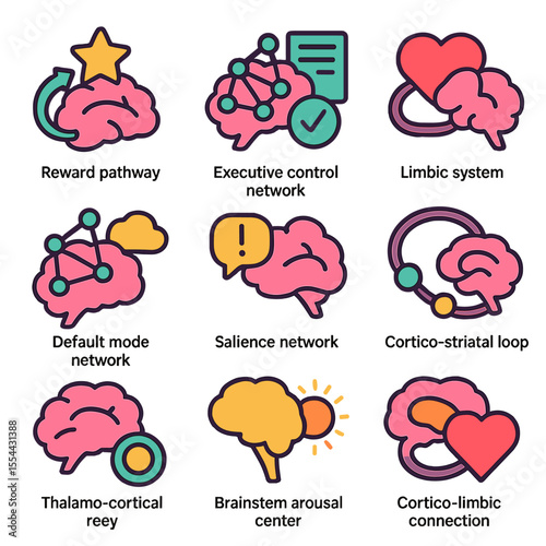 Neural Circuit Icon Grid. Isometric Flat icon set of decision-making neural circuits: reward pathway, executive control network,