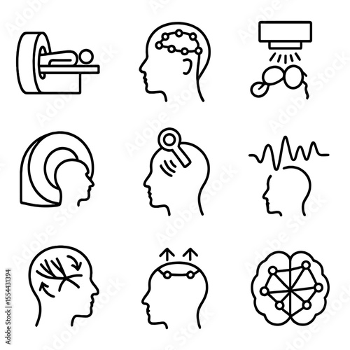 Neuroimaging Icon Set. Outline icon set of neuroimaging techniques for language research: fMRI, EEG, MEG, PET, TMS, DTI, ERP, NIRS