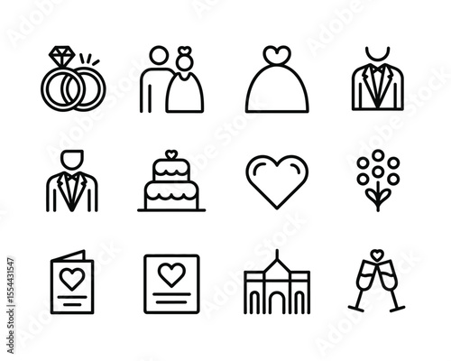 modern wedding essentials icon set in clean vector line style on white background
