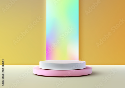 pastel color 3d two tiered product podium with white top and pink base on cream surface with iridescent gradient strip and yellow background modern minimal display mockup showroom stage