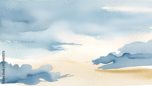 Watercolor illustration of blue sky and clouds image. Bright painted cloudy sky background. 
