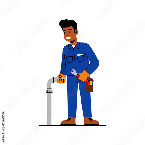 Smiling Plumber with Tools, Repairing a Pipe