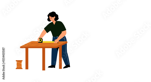 Woman using tape measure on wooden table for DIY project