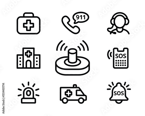 Minimal emergency and medical service icon set in black outline on white background