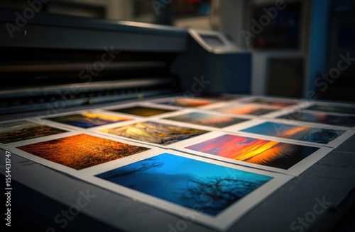 A large format printer meticulously produces a collection of stunning, colorful landscape photographs.