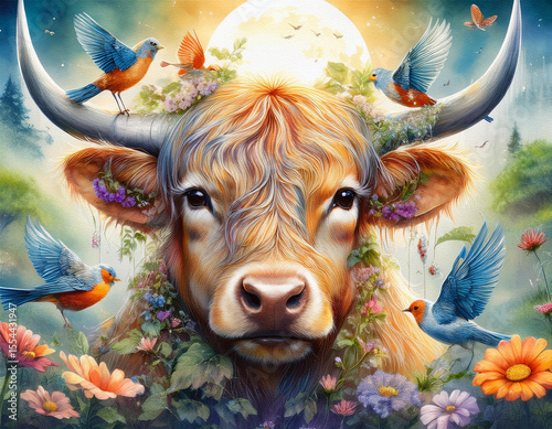 A majestic bull with large horns is adorned with flowers and leaves, surrounded by colorful birds, set against a bright, dreamy background.