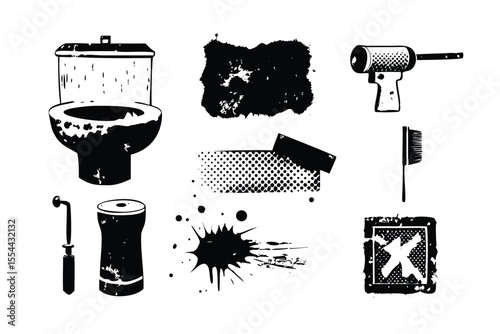Bathroom Punk Grunge Halftone Icon Pack. Absurd Distressed Vector Set with Cracked Sink and Graffiti. Rough Vintage Print Style