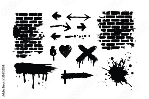 Graffiti Grunge Halftone Icon Pack. Distressed Urban Street Art Vector Set. Messy Ink Texture with Gritty Spray Can Symbols