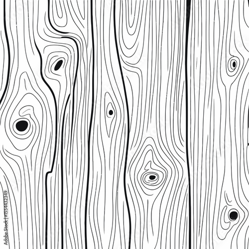 Black and white stylized illustration of wood grain texture with knots