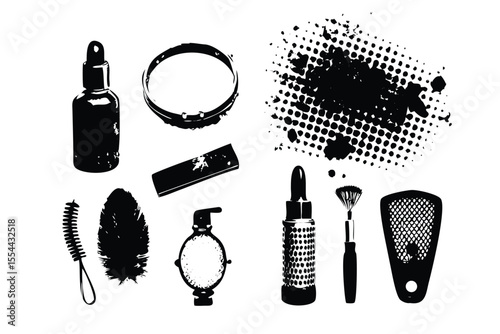 80s Urban Vanity Grunge Halftone Icon Pack. Distressed Black and White Fashion Items. Street Style Texture with Hairspray and Lipstick