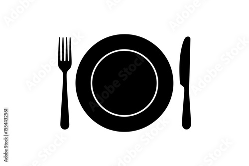 A minimalistic black and white illustration of a plate with fork and knife