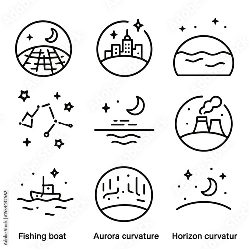 Nighttime Earth Icons. Outline icon set of earth at night: illuminated city grid, glowing metropolis silhouette, dark ocean