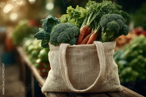 A family shopping for vegetables together with a reusable bag, promoting sustainability and eco-friendly practices.