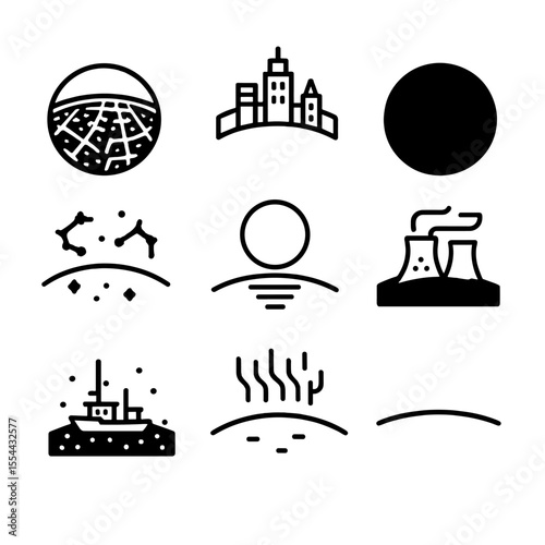 Nighttime Earth Icons. Outline icon set of earth at night: illuminated city grid, glowing metropolis silhouette, dark ocean