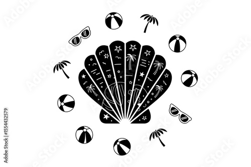 Illustration of a seashell with summer elements and beach accessories around