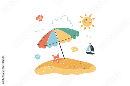 A beach scene with a colorful umbrella sand island and smiling sun in summer