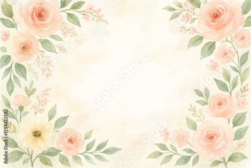 Vintage floral background with romantic pink roses, elegant frame, and decorative hearts for a wedding or Valentine's Day card design