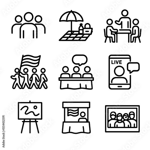 Nonbinary Icons Grid. Outline icon set of nonbinary community activities: meetup group, community picnic, workshop table, pride