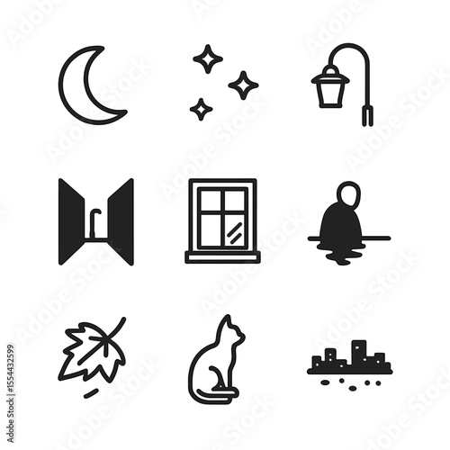 Nighttime Loneliness Icons. Outline icon set of nighttime loneliness: moon, stars, street lamp, dark alley, window with light,