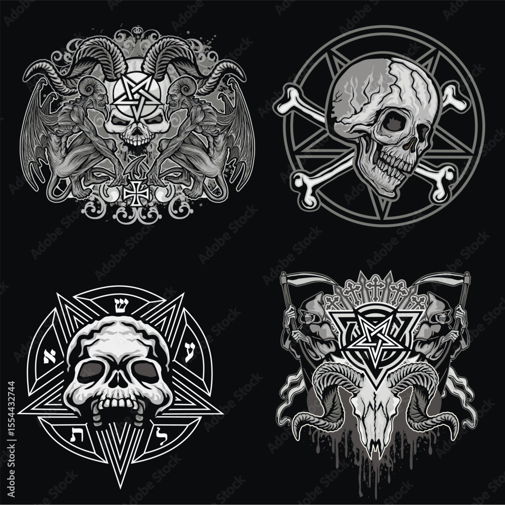 Fototapeta premium set, gothic sign with skull, grunge vintage design t shirts
