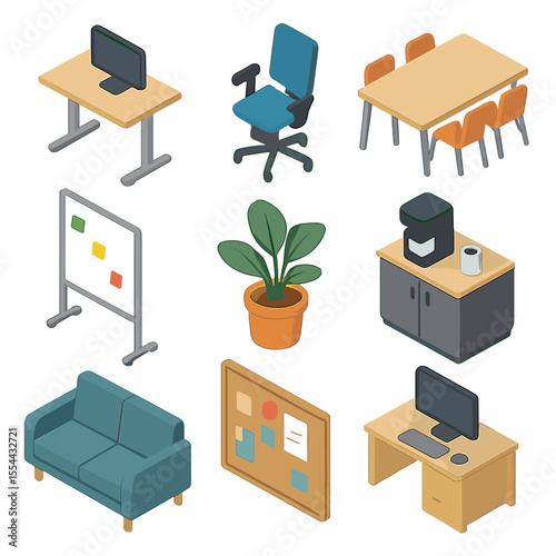 Office Workspace Icons. Isometric Flat icon set of office workspace design: standing desk, ergonomic chair, collaborative table,
