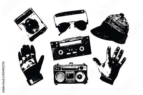 80s Street Essentials Grunge Halftone Icon Pack. Distressed Black and White Vector Set of Retro Tech. Vintage Underground Print Style