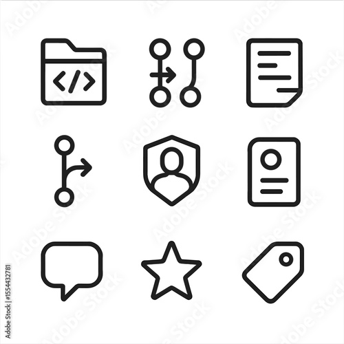 Open Source Icons. Outline icon set of open source project contributions: code repository, pull request icon, merge branch, commit