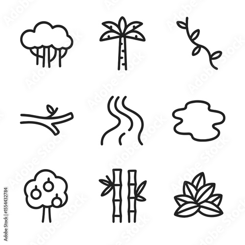 Orangutan Habitat Icons. Outline icon set of orangutan habitat elements: rainforest canopy, tropical tree, vine, branch, river,