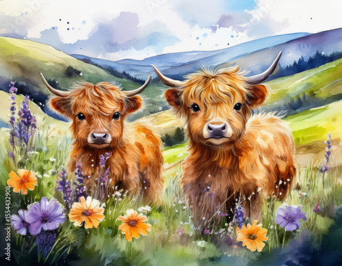 Two fluffy highland cows stand in a vibrant flower meadow with a beautiful background of rolling green hills and a blue sky.
