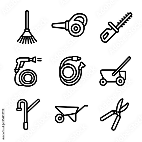 Outdoor Cleaning Icons. Outline icon set of Outdoor and Garden Cleaning: leaf rake, leaf blower, hedge trimmer, pressure washer