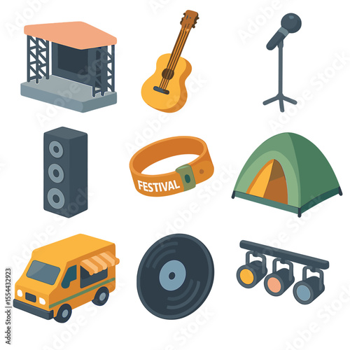 Outdoor Festival Icons. Isometric Flat icon set of outdoor music festival: stage platform, guitar, microphone stand, speaker tower