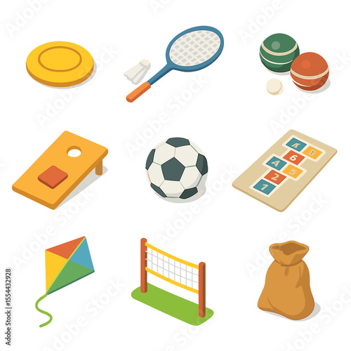 Outdoor Games Icon Set. Isometric Flat icon set of outdoor family games: frisbee, badminton racket, bocce ball, cornhole board,