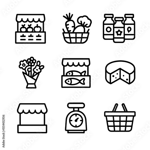 Outdoor Market Icons. Outline icon set of outdoor markets: fruit stand, vegetable basket, spice jars, flower bouquet, fish stall,