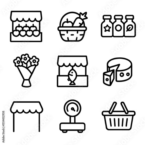 Outdoor Market Icons. Outline icon set of outdoor markets: fruit stand, vegetable basket, spice jars, flower bouquet, fish stall,
