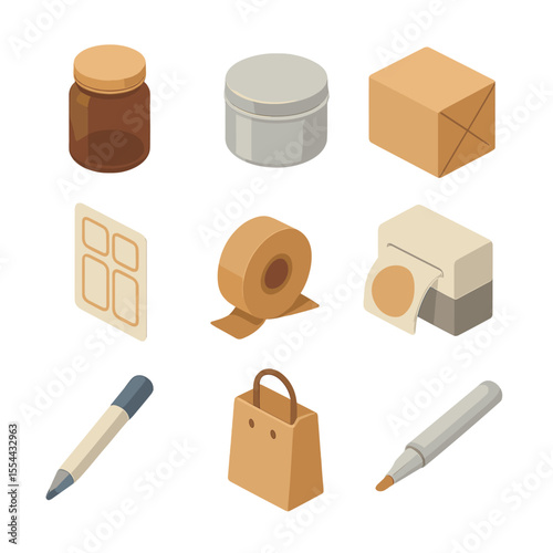Packaging Icon Set. Isometric Flat icon set of packaging and labeling: amber glass jar, tin container, screw-on lid, kraft box,
