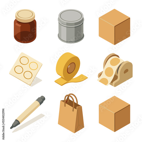 Packaging Icon Set. Isometric Flat icon set of packaging and labeling: amber glass jar, tin container, screw-on lid, kraft box,