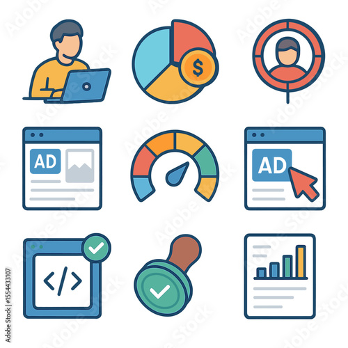 Paid Social Ad Icons. Isometric Flat icon set of Paid Social Advertising: ad campaign manager, budget allocation chart, target